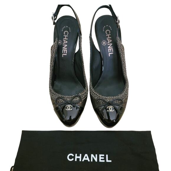 Chanel Vintage Platform Slingback Cap Toe Heels Logo CC Bow Leather 7 37.5 G2677 - Picture 3 of 14